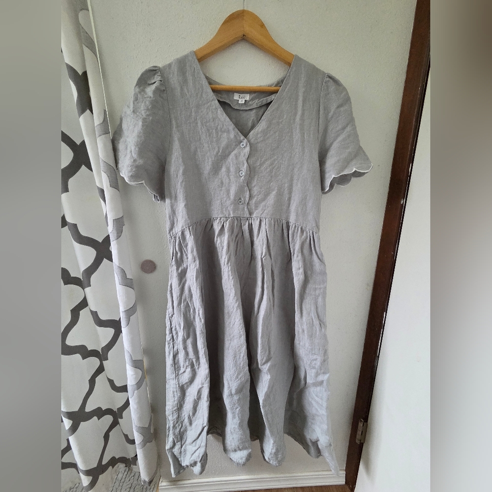 Shopdahl 100% Linen Blue-gray Scalloped Button Dress - Small